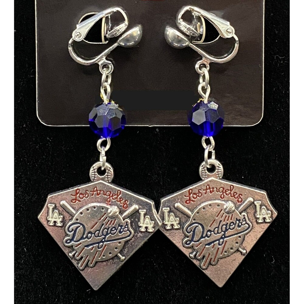 Handmade LA Dodgers Baseball Diamond Blue Glass Clip-On Earrings by Neanie-Bot